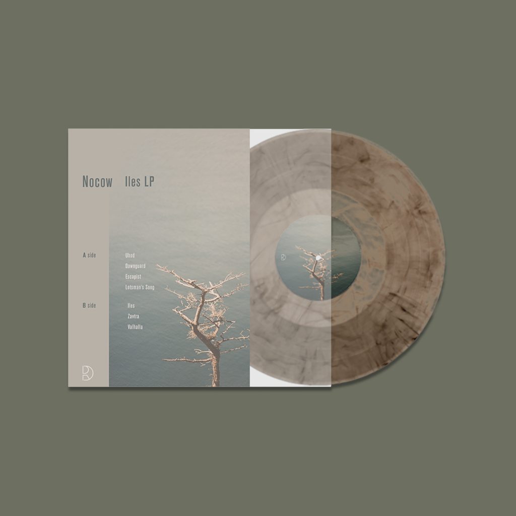 A picture of the vinyl and its packaging for "ILES" by Nocow, with a wooden look to the vinyl and images of a tree and a sea on the background, all in primarily blue and brown colors.